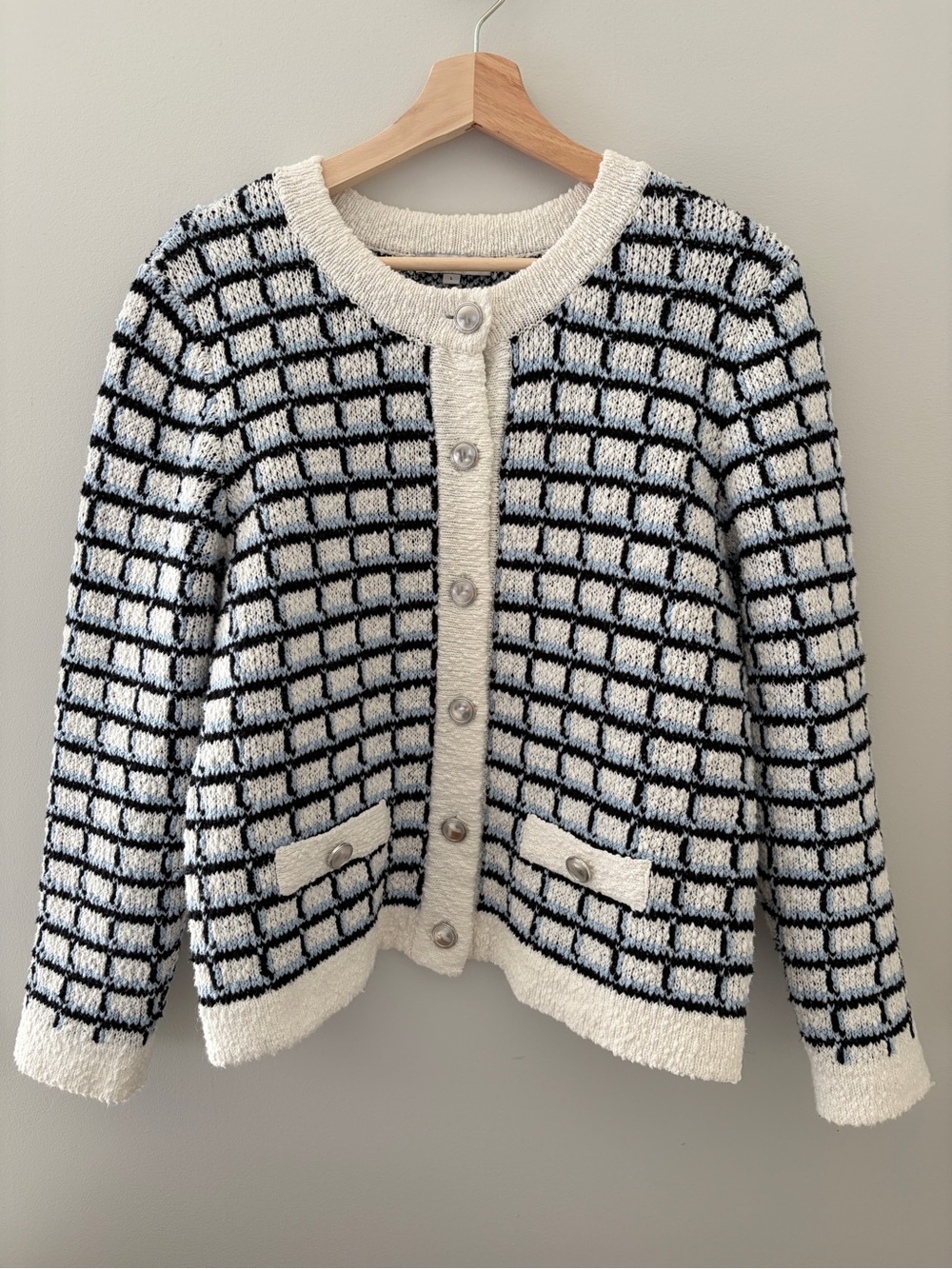 Veronica Beard Lavigne Sweater Jacket Windowpane Knit Blue Black Cream Size L